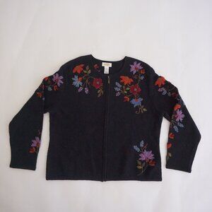Vintage Talbots Black Floral Embroidered Zip Front Garden Cardigan Eclectic XL